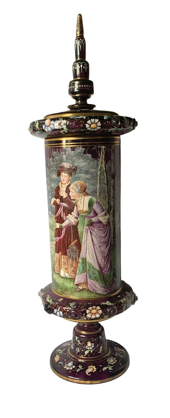 EGERMANN Bohemian Enameled Hand Painted Purple 21” Glass Pokal Austria Vintage